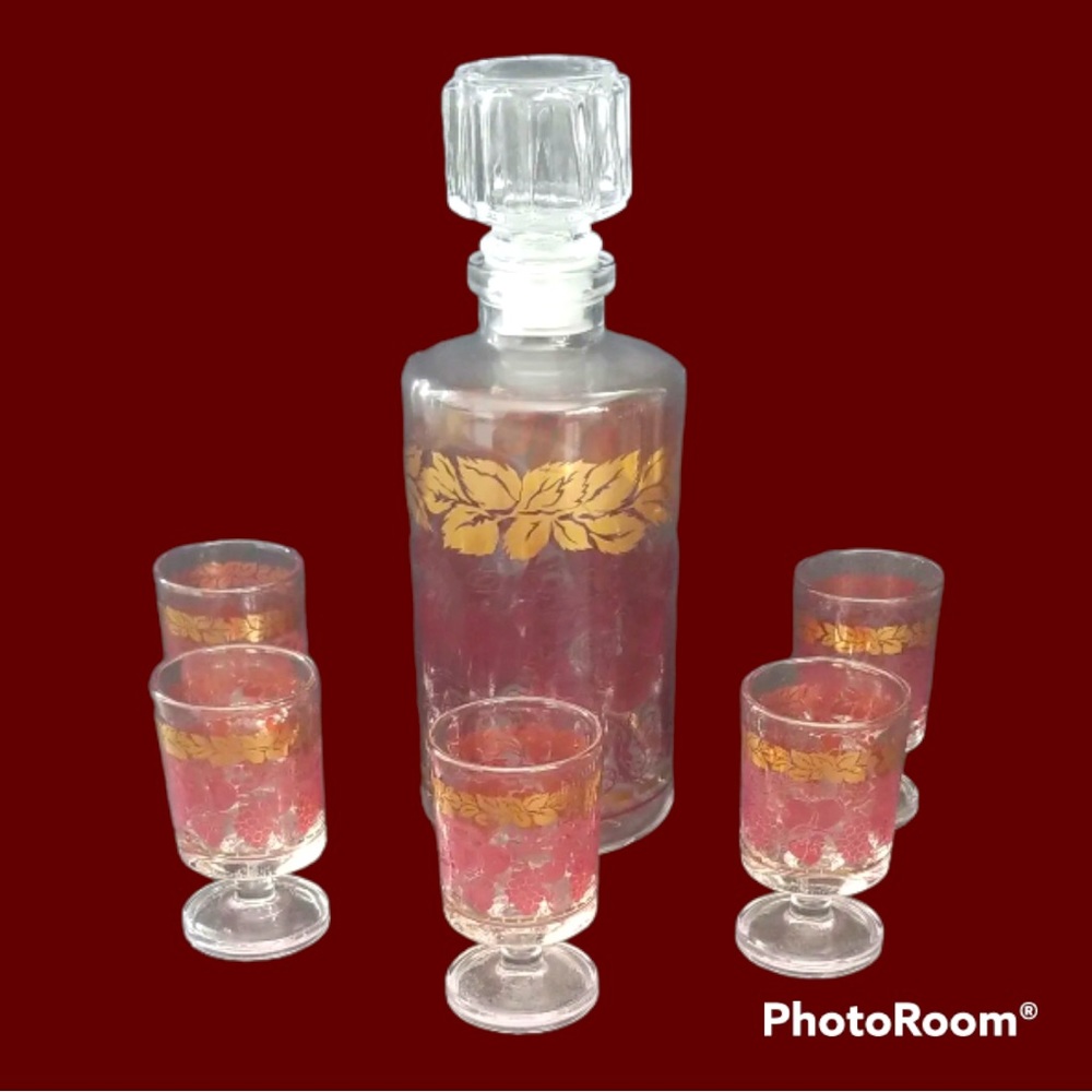 Vintage Wine Decanter & Cordial Glass Set Made in France- Red Grape Leaves